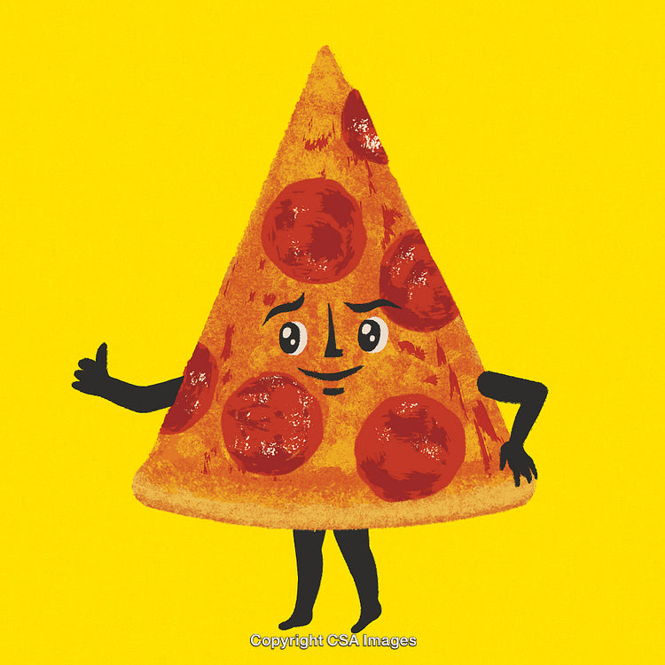 Cheerful Cartoon Pepperoni Pizza Slice with Arms and Legs on a Yellow Background