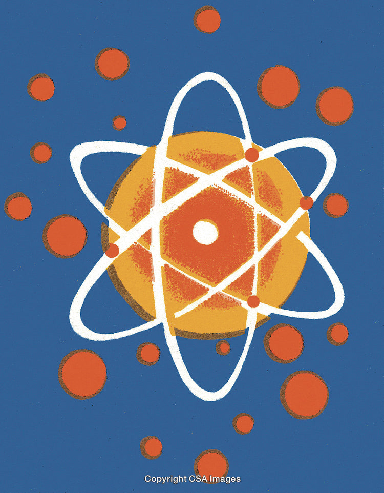 Abstract Representation of Atomic Model with Orange and Blue Design Elements