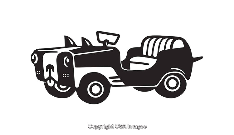 Vintage Cartoon Style Black and White Jeep Line Art Illustration