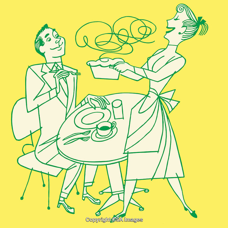 Retro Illustration of Couple Sharing Joyful Kitchen Experience with Warm Meal
