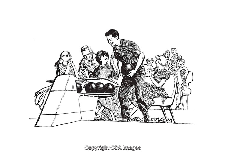 Vintage Line Art of Family Bowling Experience in 1950s Style