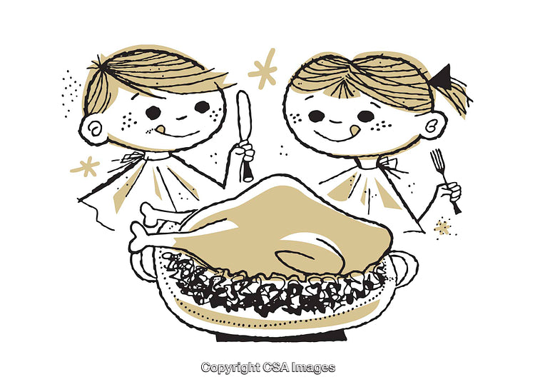 Vintage Illustration of Children Enjoying a Festive Holiday Meal Together