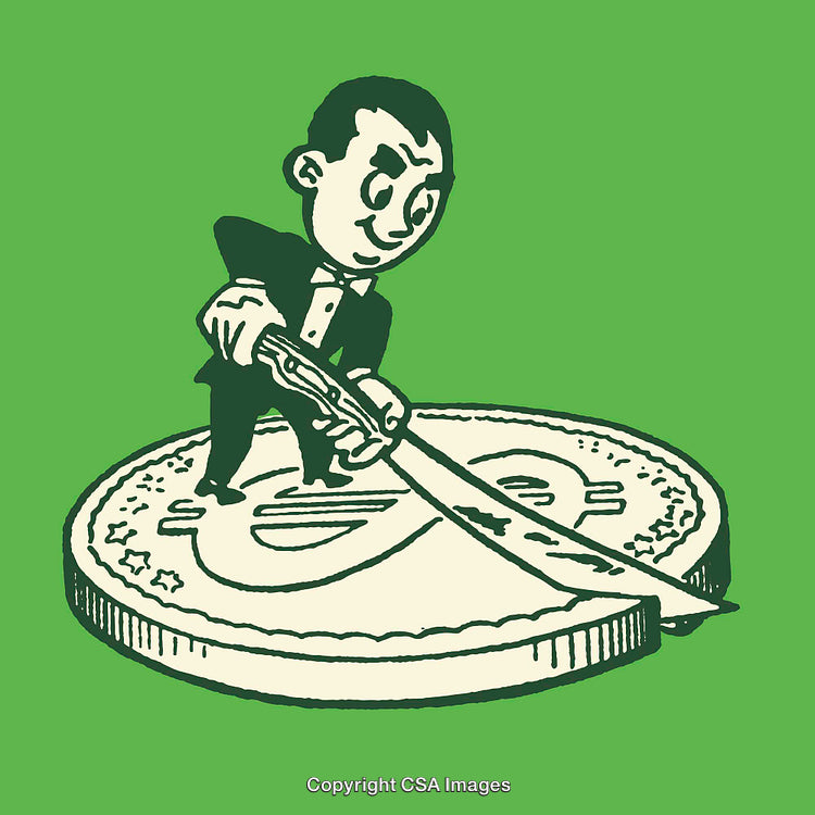 Retro Businessman Splitting Giant Coin with Saw