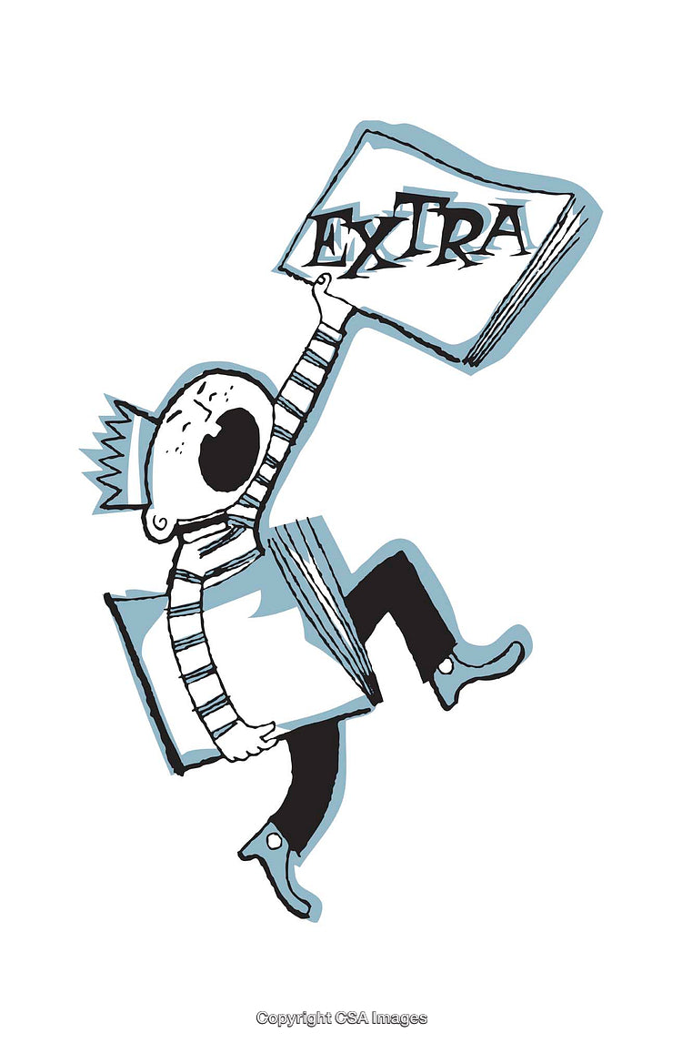Whimsical Illustration of a Newsboy Selling Newspapers Enthusiastically