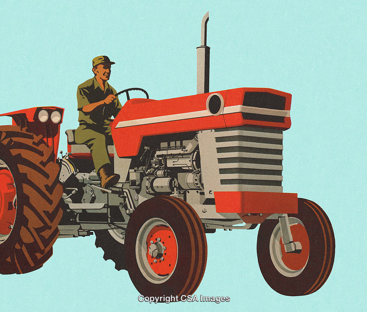 Vintage Illustration of a Tractor Driven by a Farmer on a Sunny Day
