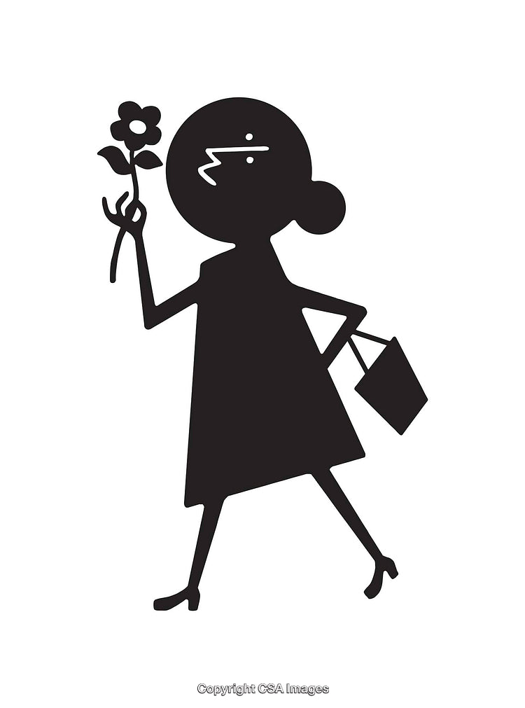 Black And White Illustration of a Lady Holding a Flower and Shopping Bag