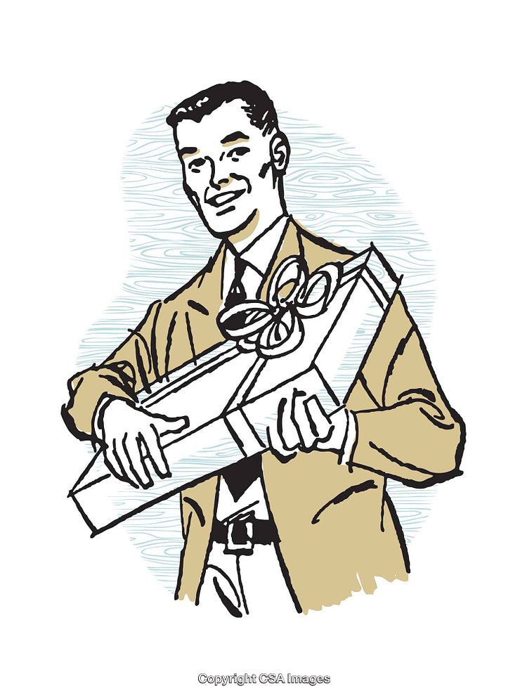 Retro-Style Illustration of a Person Holding a Festive Wrapped Gift Package