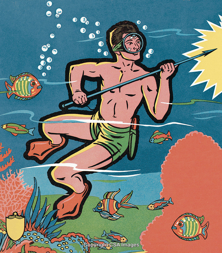 Retro Illustration of Spearfishing Diver Surrounded by Colorful Tropical Fish Underwater
