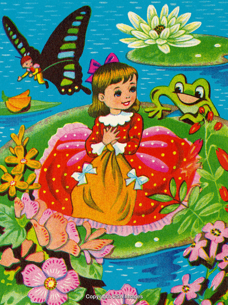 Fairy Tale Scene Featuring Girl, Frog, and Butterfly on Lily Pond