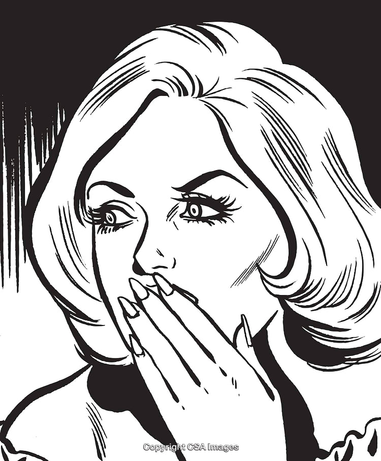 Surprised Woman in Retro Comic Style Covering Mouth with Hand