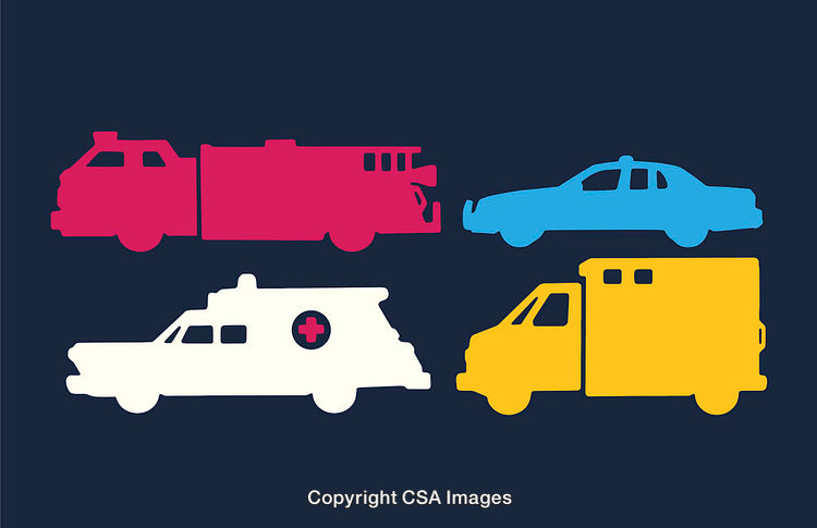 Color Line Art Illustrations of Emergency and Service Vehicle Silhouettes