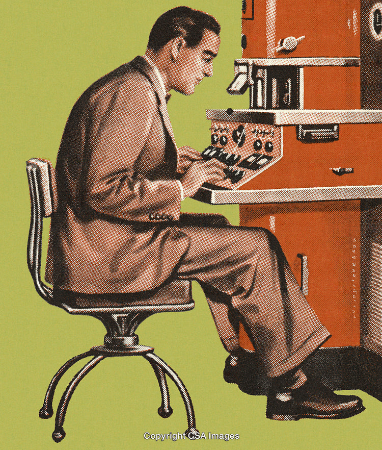 Businessperson Using Vintage Equipment in a Retro Styled Office Space