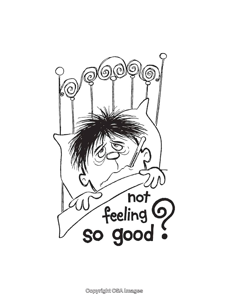 Black and White Illustration of Sick Person Feeling Unwell in Bed