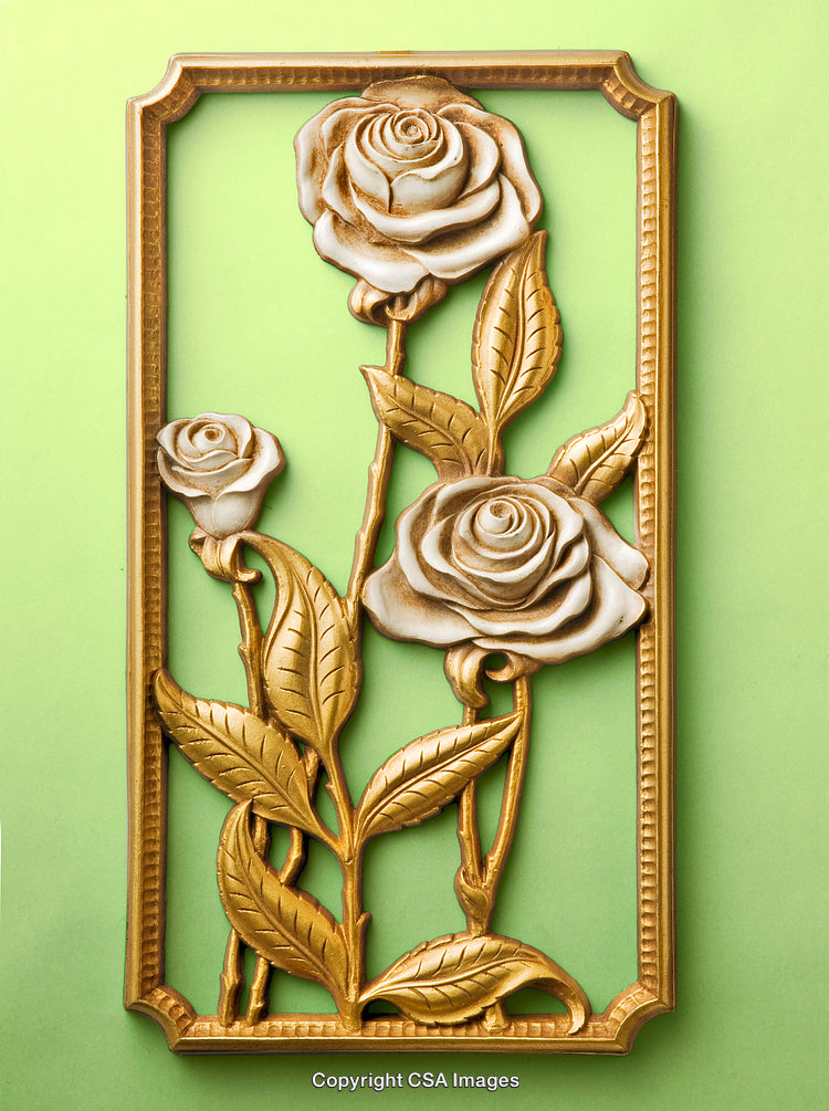 Golden Embossed Rose Art Against a Green Background for Decorative Concepts