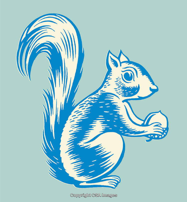 Blue Illustrated Squirrel with Environmental and Nature Themes on a Light Background