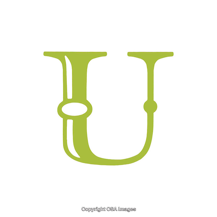 Stylized Green Letter U on a White Background in Decorative Font