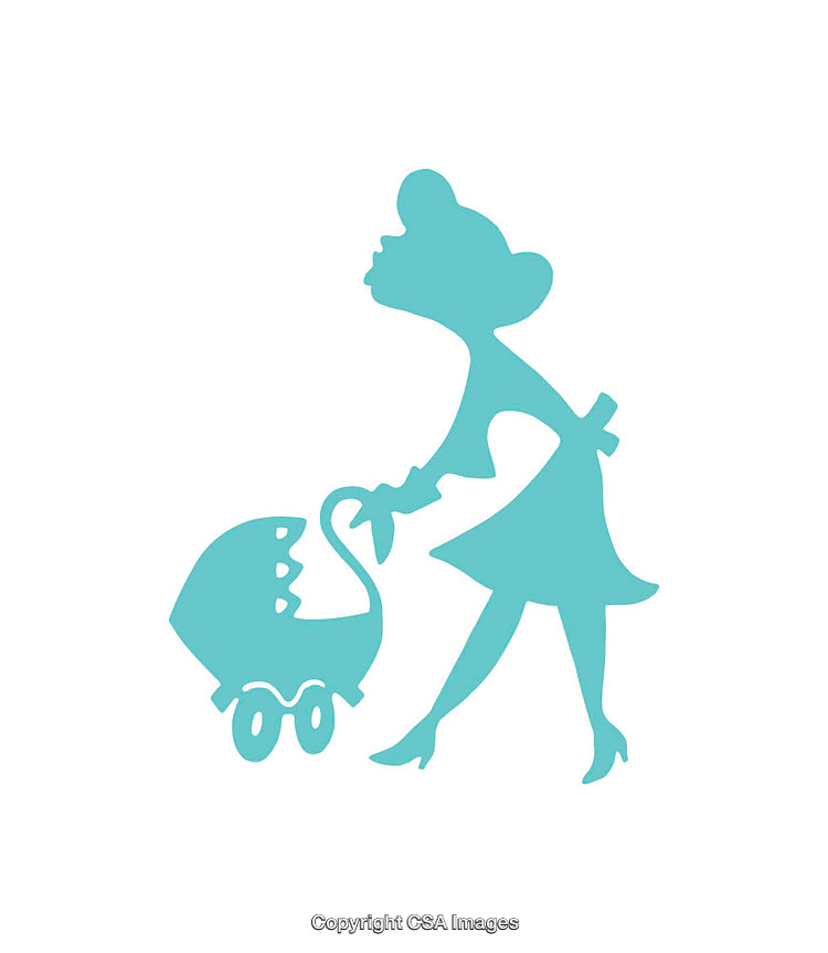 Silhouette of Woman Walking with Baby Stroller on White Background