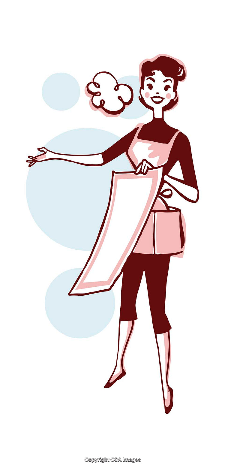Retro Style Illustration of a Smiling Woman Holding a Menu or Towel