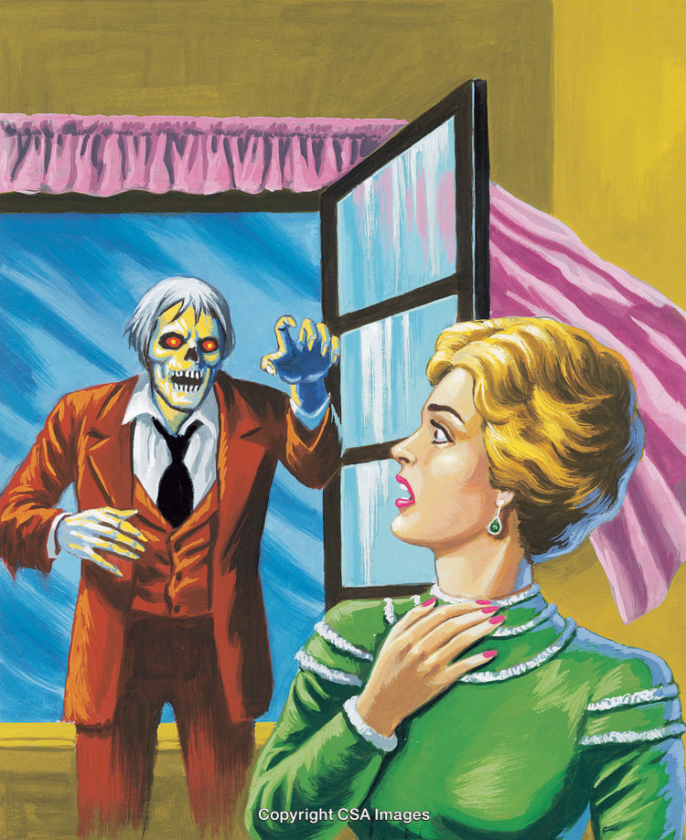 Terrified Woman Faces Skeletal Figure Entering Through an Open Window