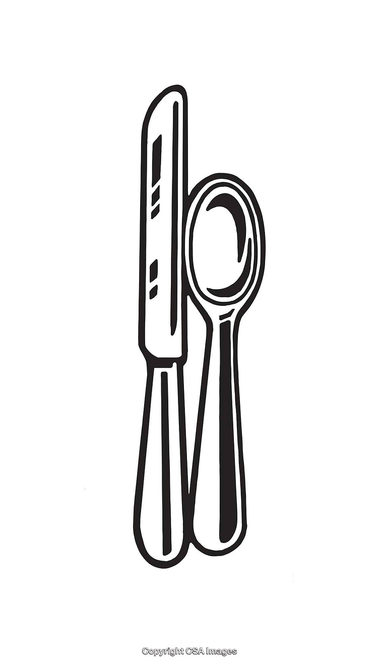 Black and White Line Art Illustration of Knife and Spoon
