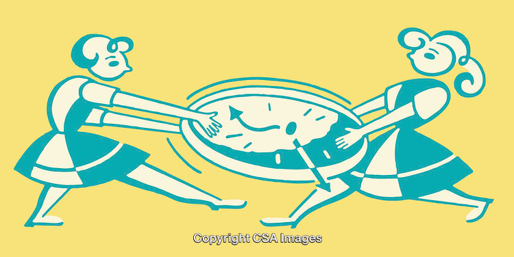 Illustration of Two Figures Tugging a Clock Signifying Time Struggles