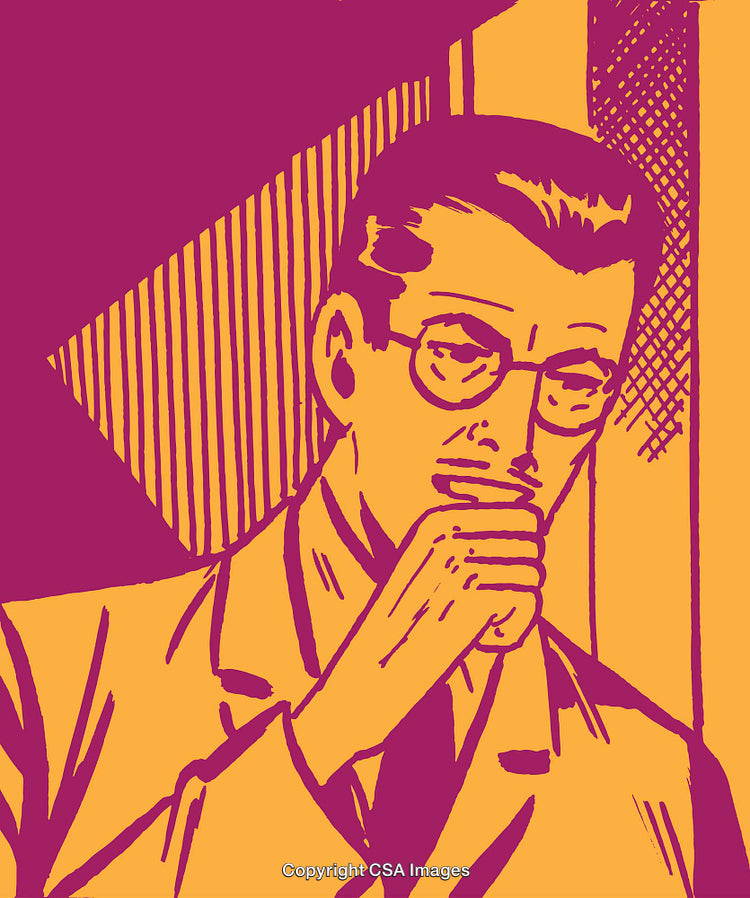 Vintage Comic Style Illustration of a Pensive Businessman in Thoughtful Pose