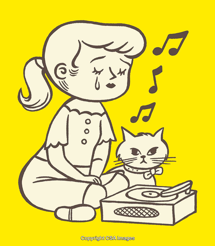 Retro Illustration of a Girl with Cat and Vinyl Record Player