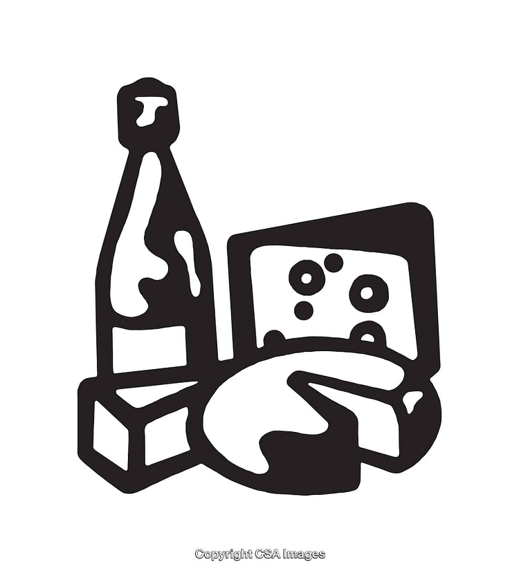 Black and White Illustration of Cheese and Wine Bottle in Line Art