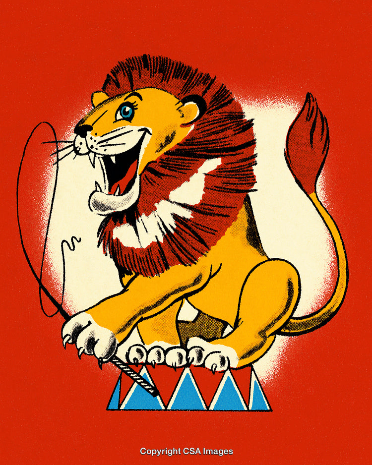 Illustration of a Circus Lion Performing on a Stage with a Vibrant Background