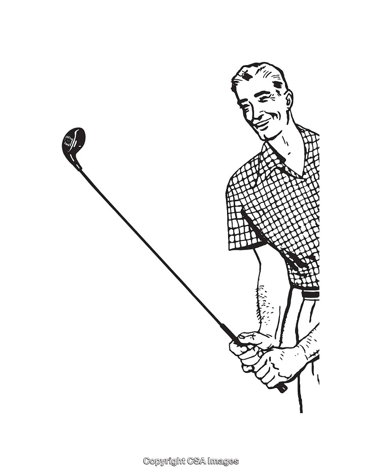 Black and White Line Art of Man Playing Golf with Club