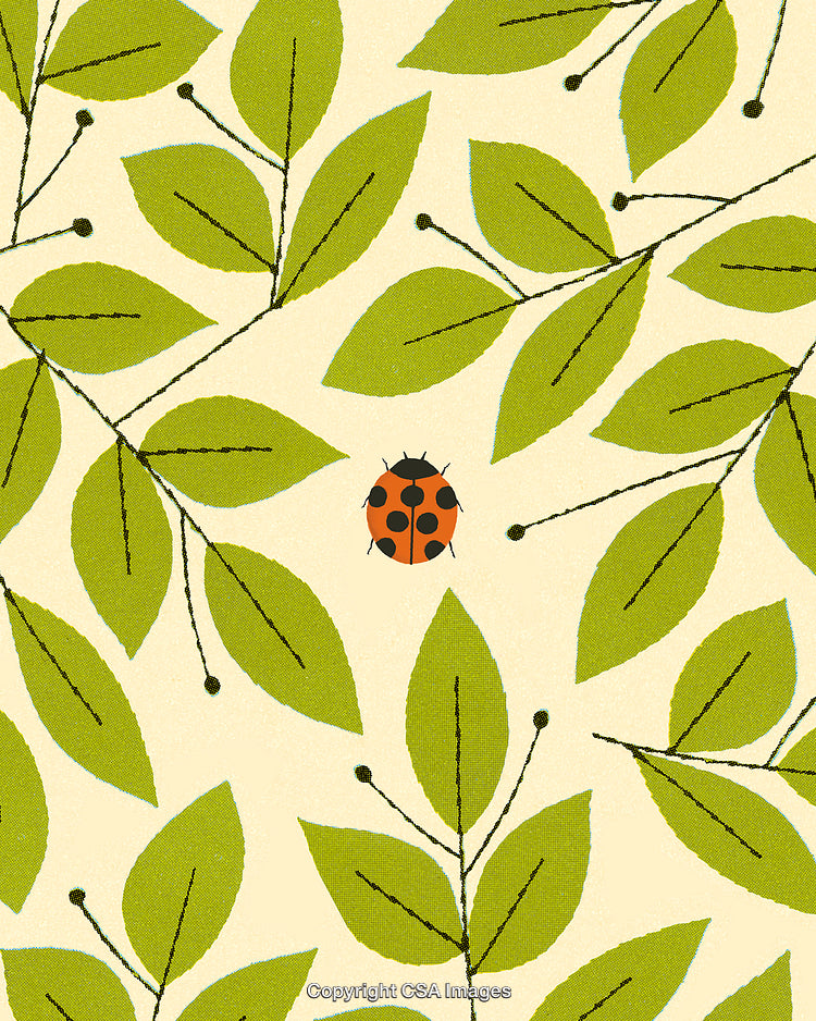 Pattern with Ladybug Amidst Green Leaves on a Beige Background