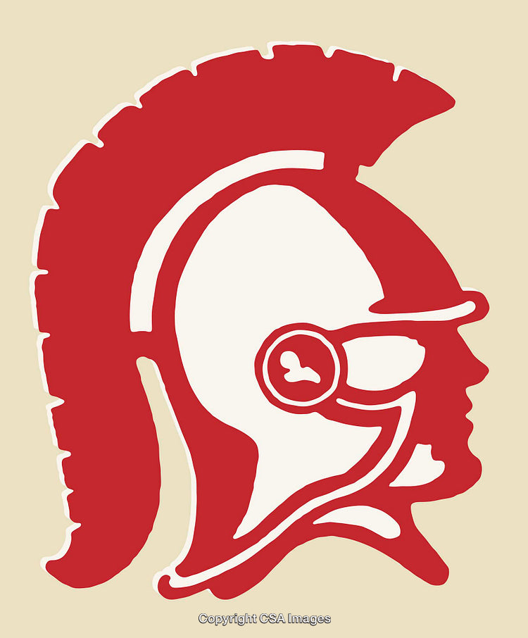 Red and White Roman Gladiator Helmet Symbol Illustration on Beige Background