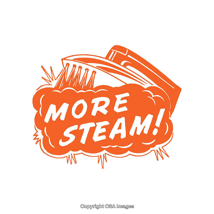 Retro Ironing Illustration with Bold 'More Steam!' Text Design