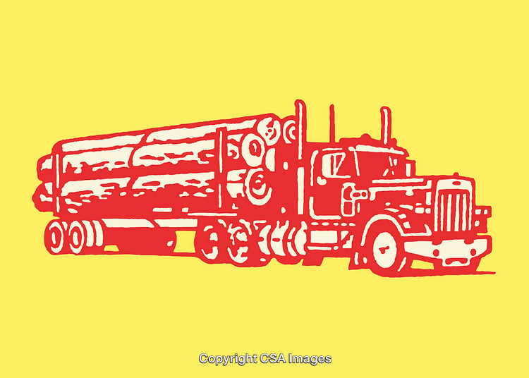 Red Line Art Illustration of a Logging Truck on Yellow Background