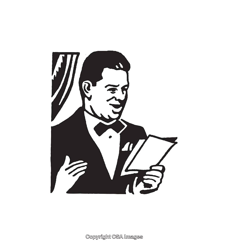 Black and White Illustration of a Man Reading a Document in Formal Attire
