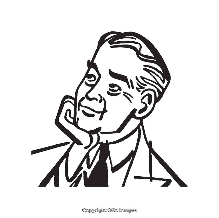 Retro Line Art Illustration of a Thoughtful Gentleman in Black and White