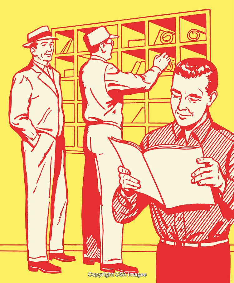 Vintage Line Art of Men Reading and Organizing Documents in Retro Style