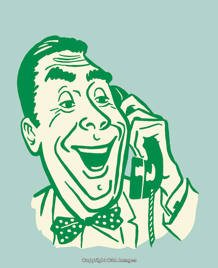 Retro Joyful Man Speaking on Telephone in Green and Cream Illustration