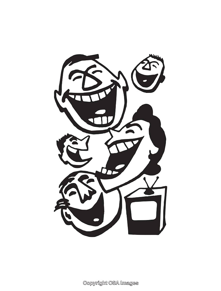 Black and White Cartoon Illustration of Laughing Faces Watching Television