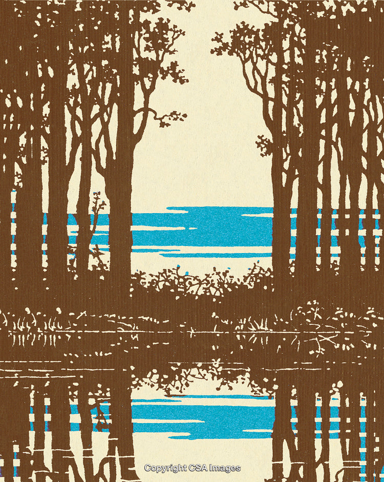 Serene Forest Scene with Lakeside Reflection and Vibrant Blue Water