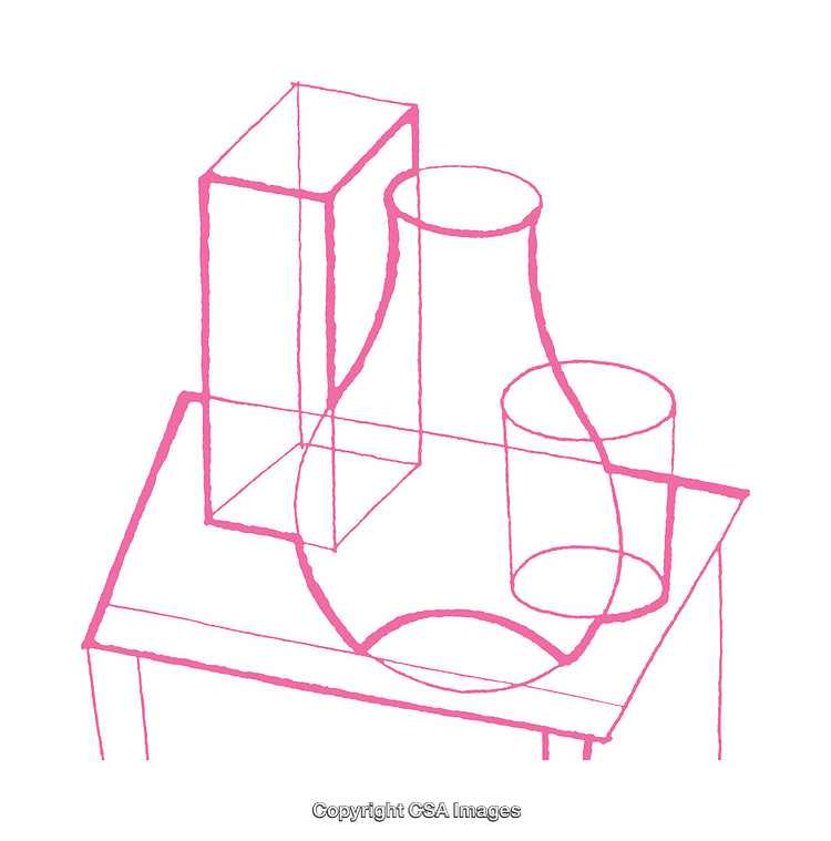 Abstract Sketch of Geometric Shapes in Pink Outlines on White Background