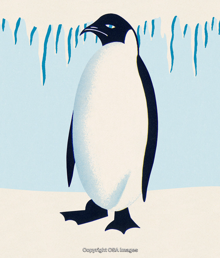 Stylized Illustration of a Penguin in an Icy Arctic Scene