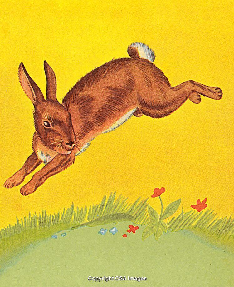 Colorful Illustration of a Rabbit Leaping Over Grass in a Vibrant Scene