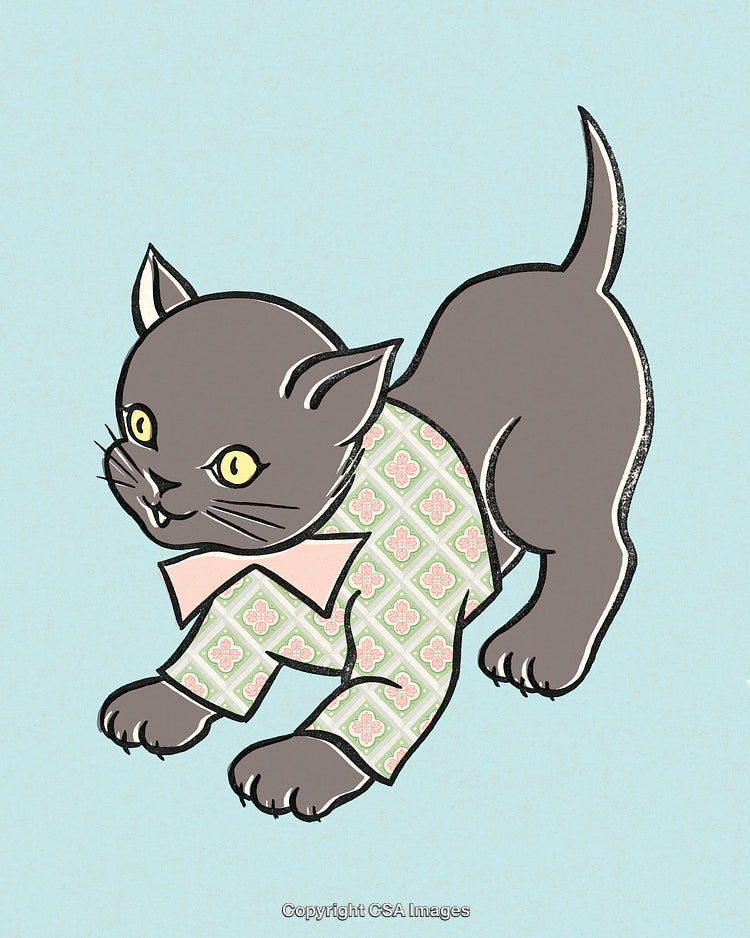 Illustration of a Cute Cat in Patterned Outfit with Bow on Blue Background