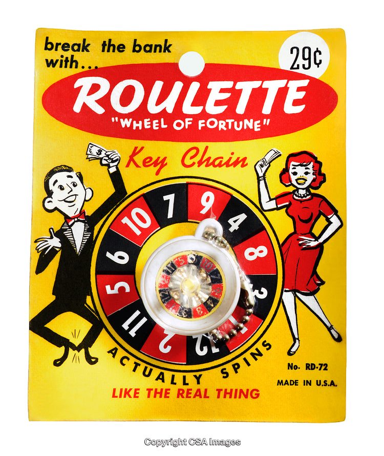 Vintage Roulette Key Chain Packaging with Retro Style and Bold Colors