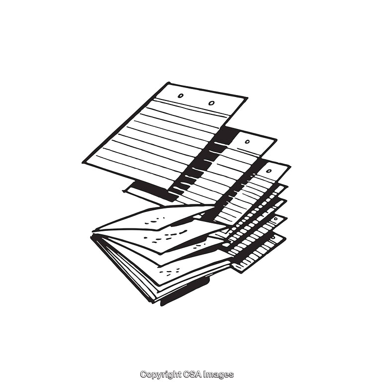 Stacked Black and White Line Art of Papers and Notebooks