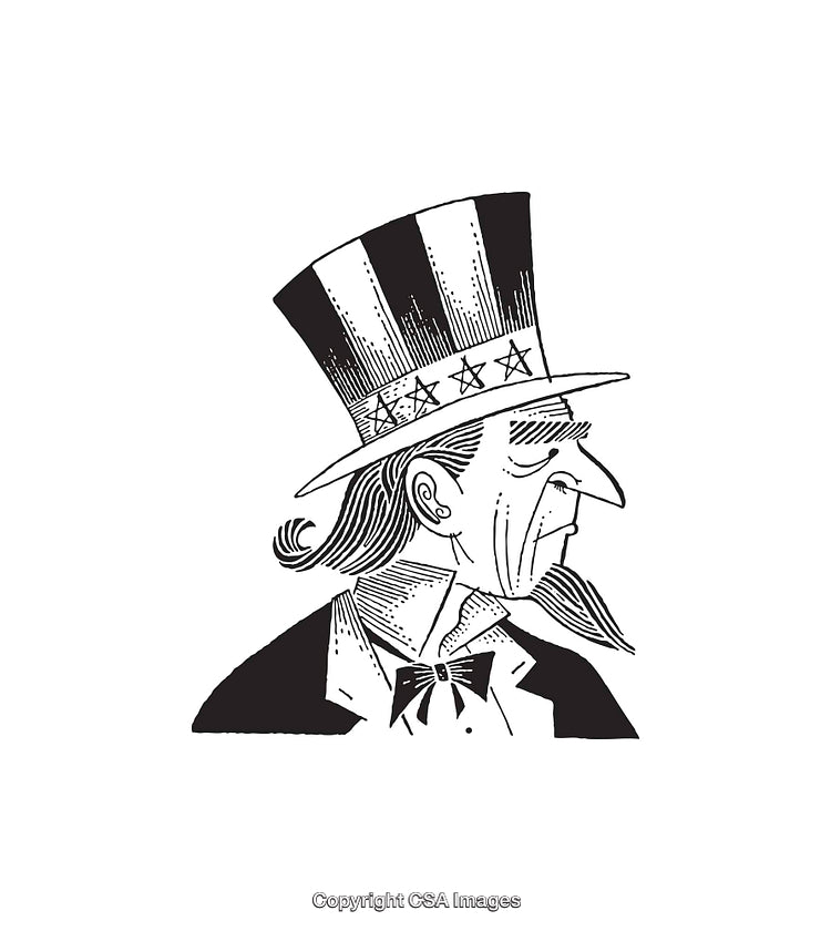 Black and White Line Art of Patriotic Man with Hat