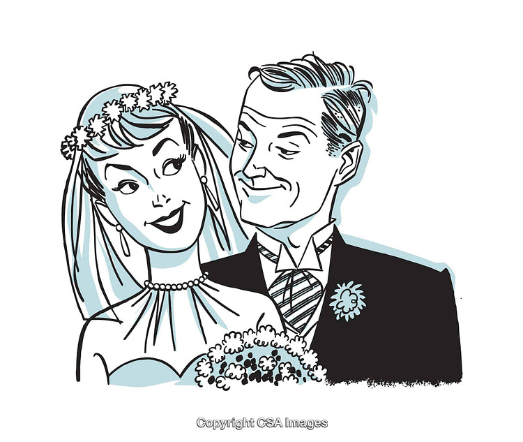 Retro Illustration of a Smiling Bride and Groom on Their Wedding Day