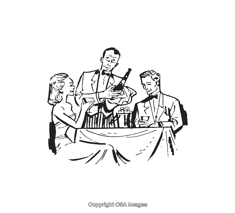 Vintage Line Art of Dining Scene with Guests and Waiter Opening Wine