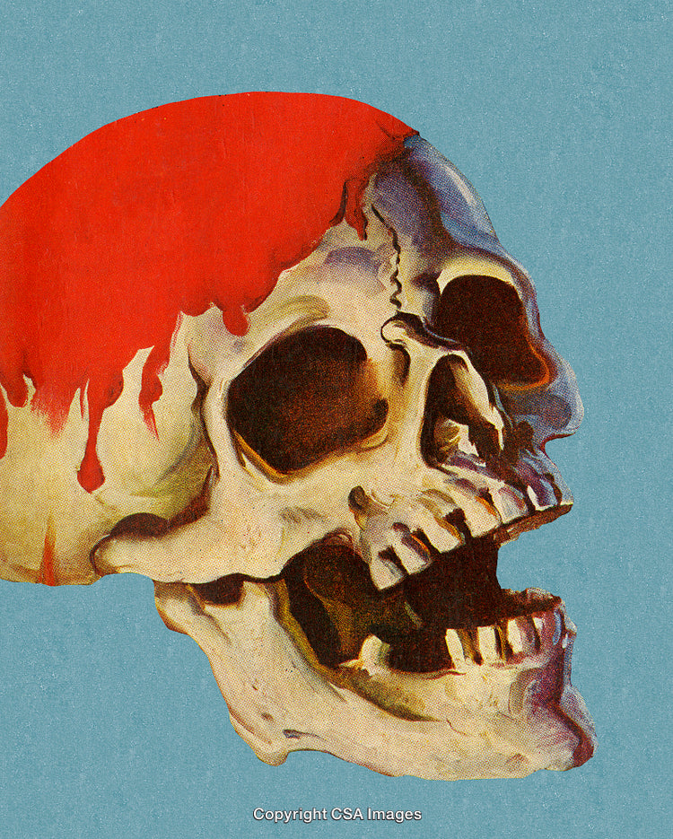 Vivid Artistic Skull with Red Paint on Turquoise Background